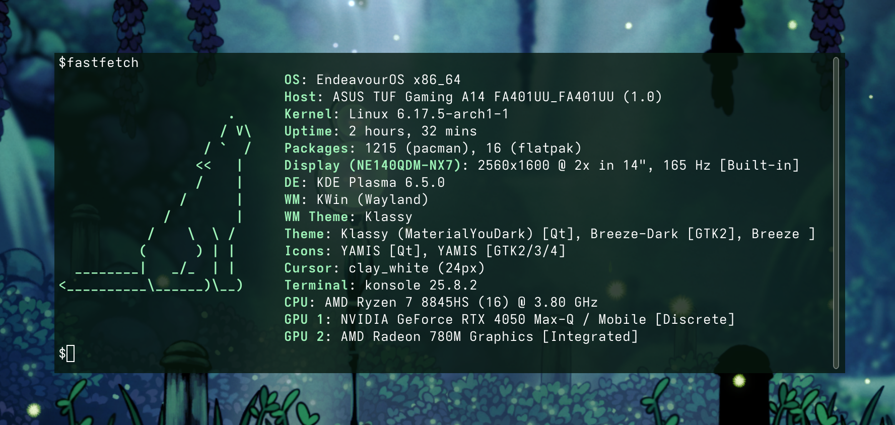 output of the fastfetch command with ASCII art of a wolf howling. Output reads: 
      OS: EndeavourOS x86_64;
      Host: ASUS TUF Gaming A14 FA401UU_FA401UU (1.0);
      Kernel: Linux 6.17.5-arch1-1;
      Uptime: 2 hours, 32 mins;
      Packages: 1215 (pacman), 16 (flatpak);
      Display (NE140QDM-NX7): 2560x1600 @ 2x in 14, 165 Hz [Built-in];
      DE: KDE Plasma 6.5.0;
      WM: KWin (Wayland);
      WM Theme: Klassy;
      Theme: Klassy (MaterialYouDark) [Qt], Breeze-Dark [GTK2], Breeze ] Icons: YAMIS [Qt], YAMIS [GTK2/3/4];
      Cursor: clay_white (24px);
      Terminal: konsole 25.8.2;
      CPU: AMD Ryzen 7 8845HS (16) @ 3.80 GHz;
      GPU 1: NVIDIA GeForce RTX 4050 Max-Q / Mobile [Discrete];
      GPU 2: AMD Radeon 780M Graphics [Integrated]