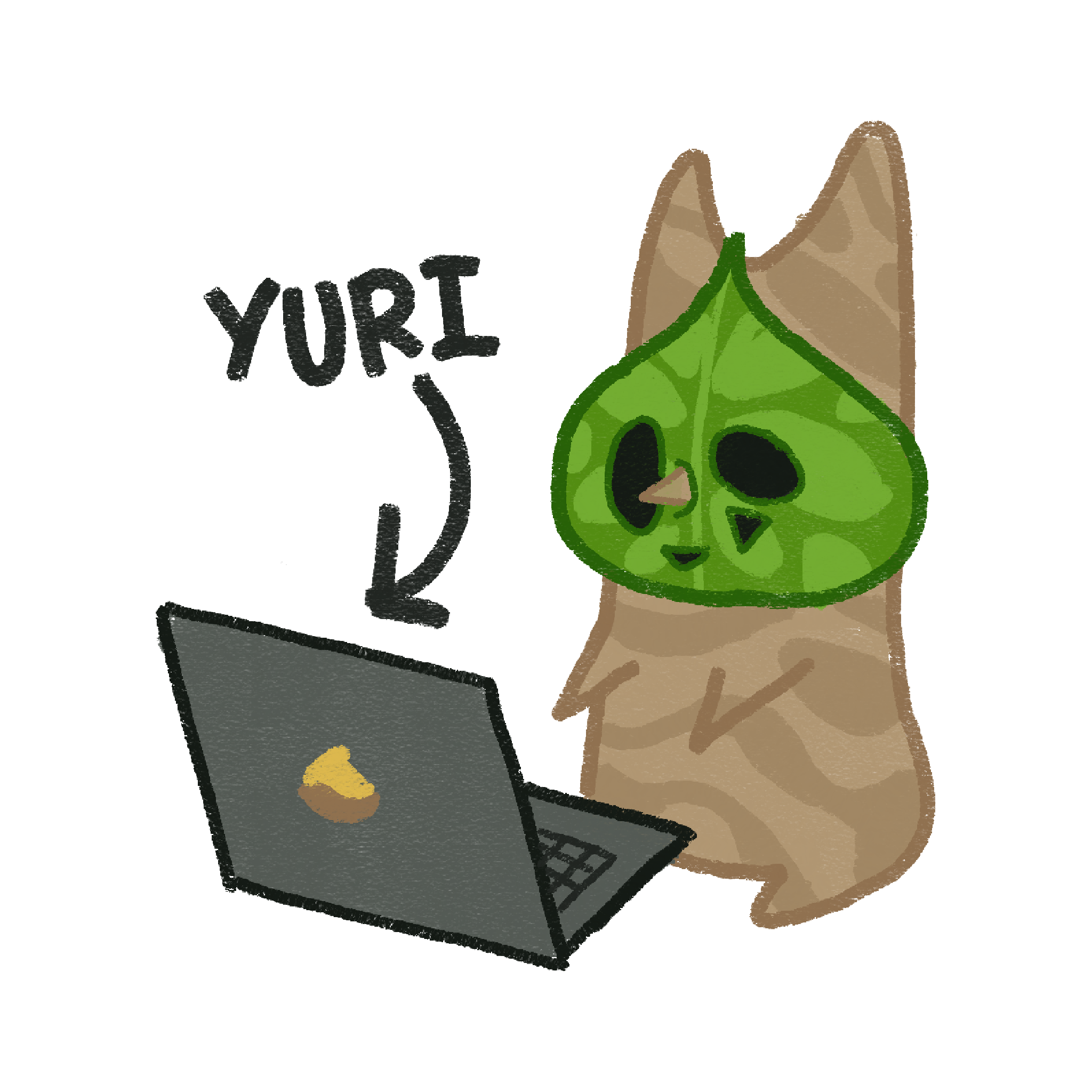 Drawing of a korok from the Legend of Zelda sat in front of a laptop. An arrow directed at the laptop screen reads 'yuri'.